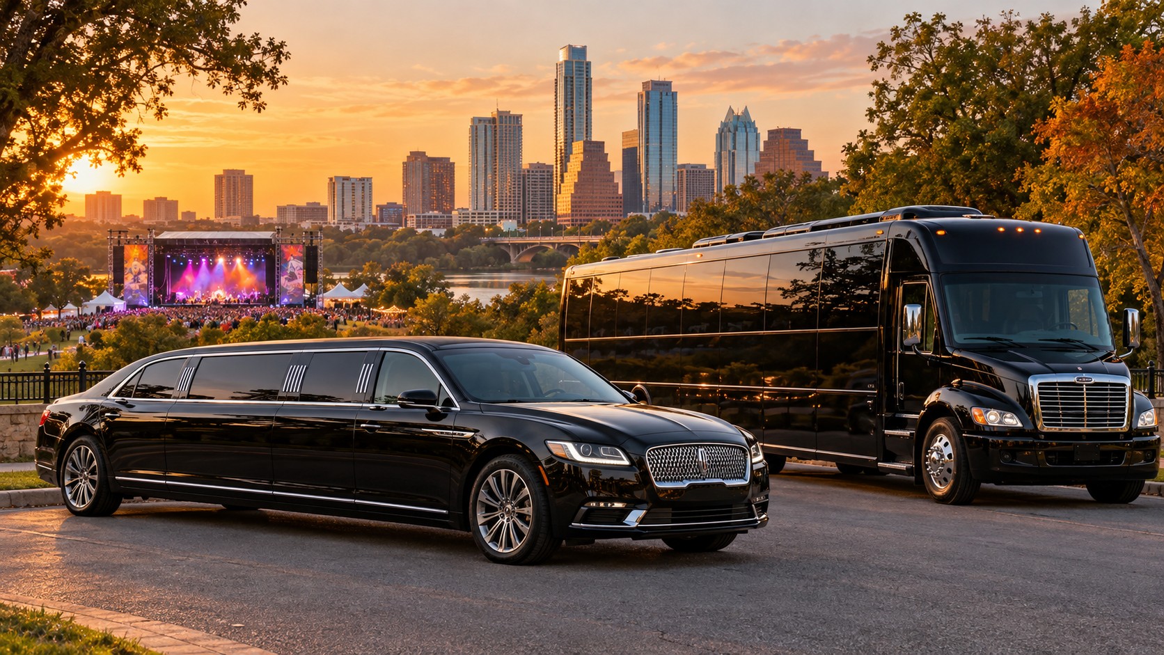 AI-generated black limousine and party bus near an Austin outdoor music festival at sunset