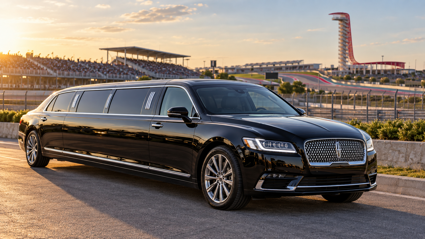 AI-generated black stretch limousine with a clean hood beside an Austin race circuit at sunset