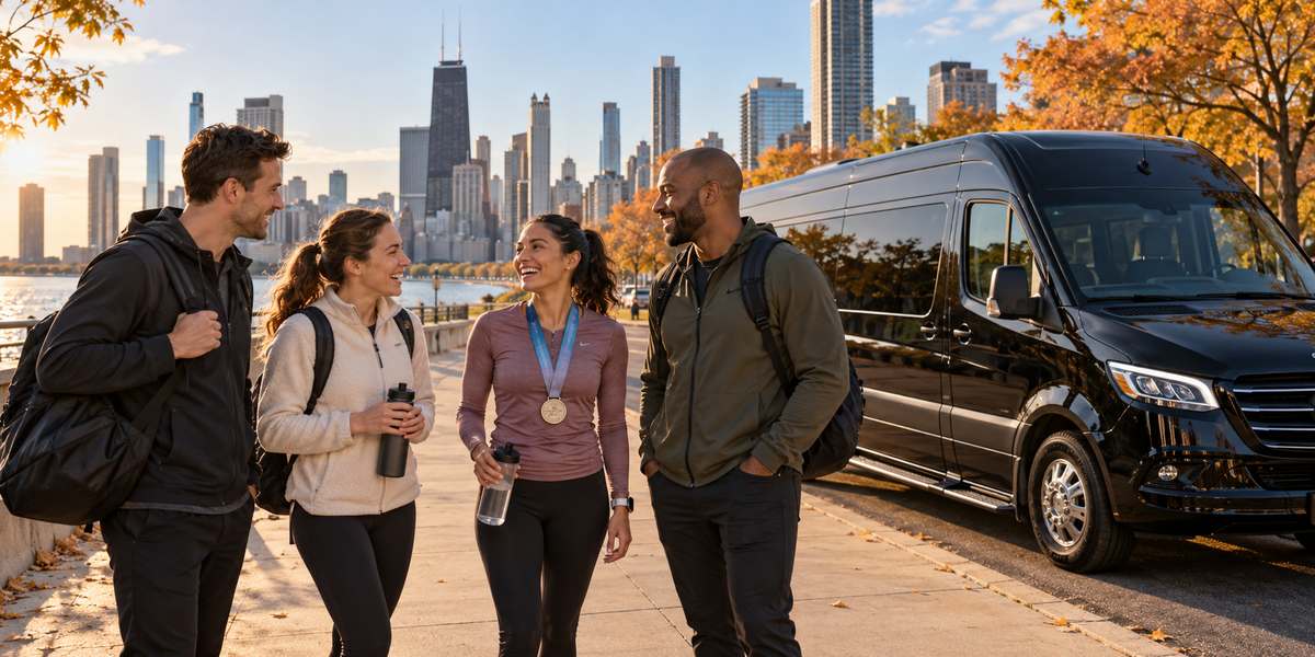 AI-generated illustration of a marathon finisher and friends beside a passenger van in Chicago