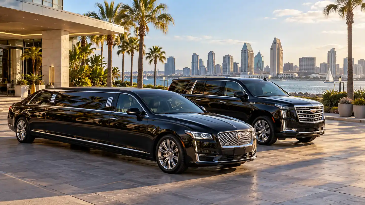 San Diego Food and Wine Festival transportation illustration with a limousine and luxury SUV