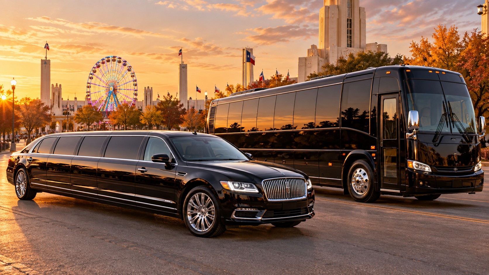 AI-generated black limousine and party bus outside a Dallas fairground with a Ferris wheel at sunset